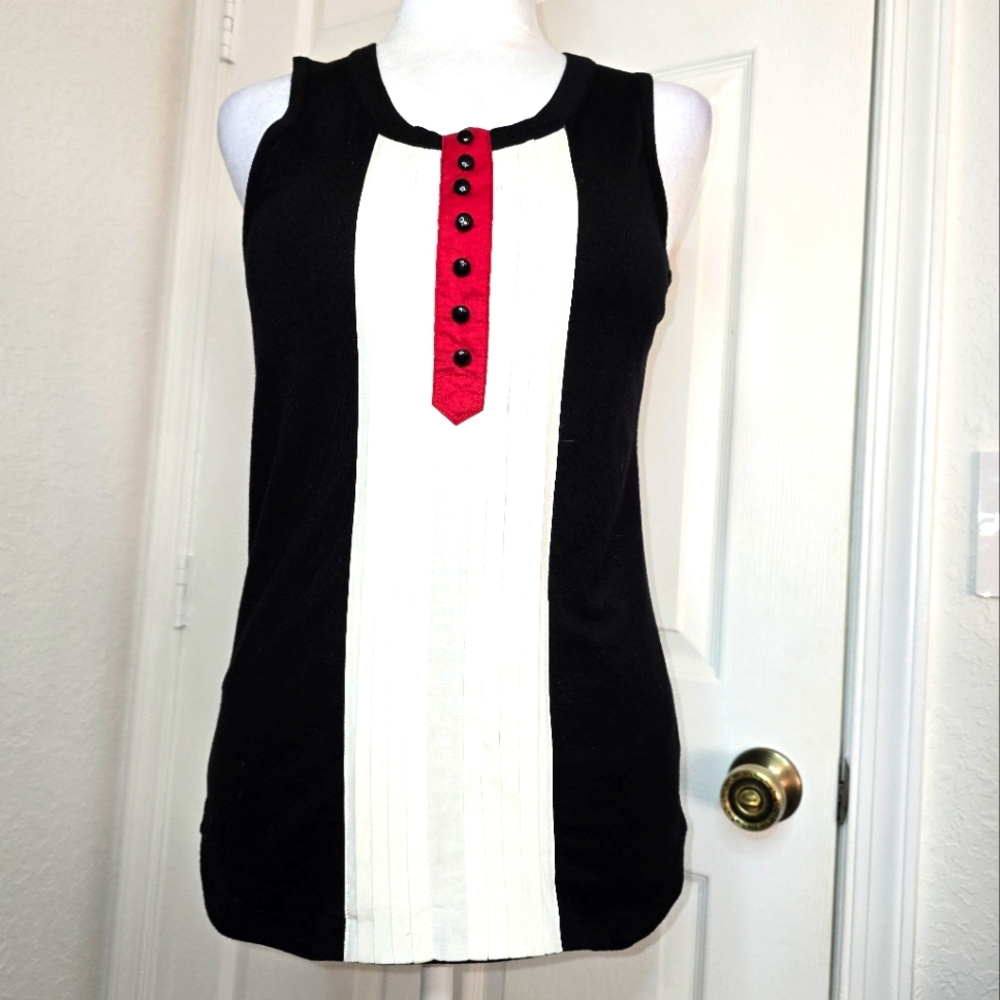 BEN SHERMAN Black and White Sleeveless Top with Red Accent